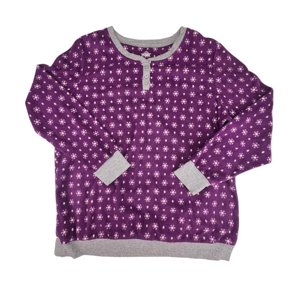 Fleece Top Large Purple Snowflake Motifs Henely Cozy Knit Winter Lounge Sweater